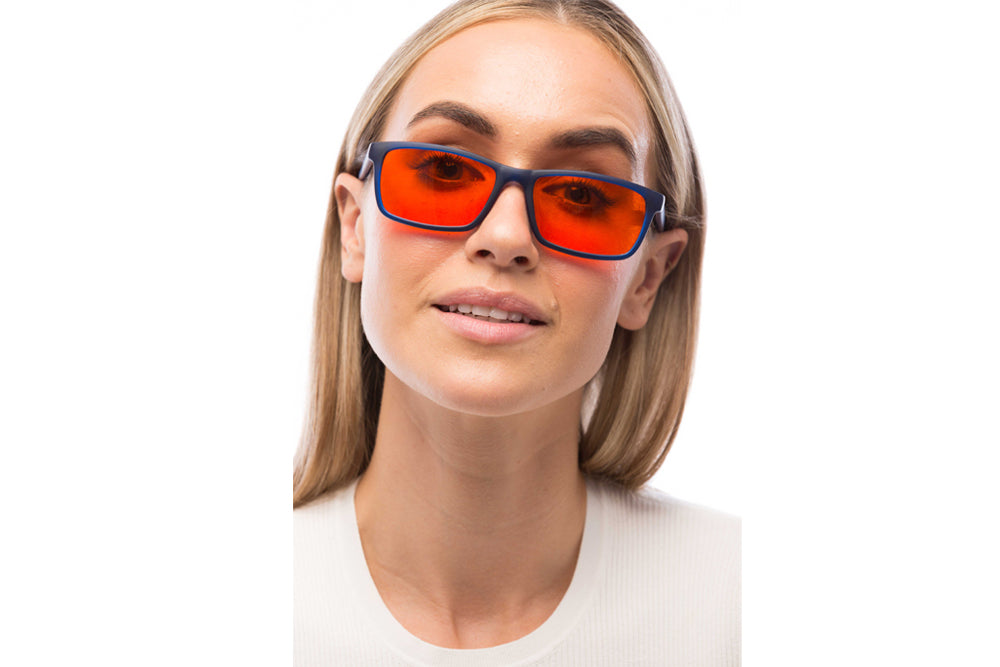 Woman Wearing Hudson Blue Light Blocking Glasses