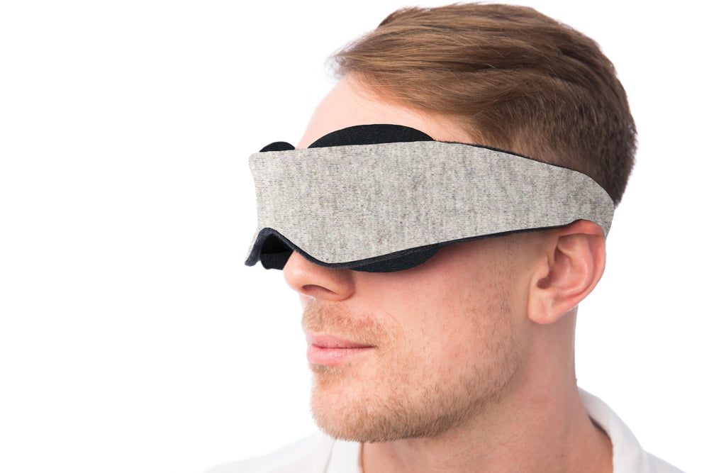 Man Wearing Cotton Blackout Sleep Mask Side View