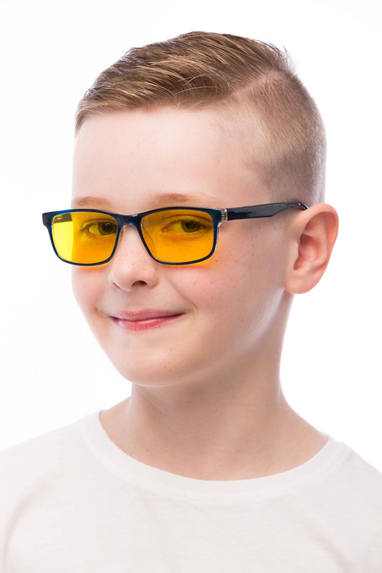 Boy Wearing Theo Light Sensitivity Glasses Readers Angled View